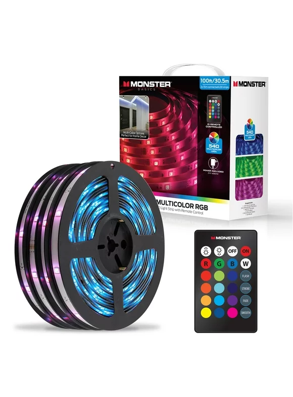 Monster LED 100ft Multicolor Light Strip, Indoor Locations, Bedrooms, Remote Control