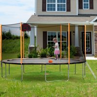 14' Kids Trampoline with Backboard Hoop, SEGMART Outdoor Heavy-Duty Round Trampoline with Enclosure Net, Jumping Mat, Safety Spring Cover Padding & Ladder, Round Trampoline for Kids, S11629