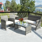 Costway 4 Pc Rattan Patio Furniture Set Garden Lawn Sofa with White Cushions