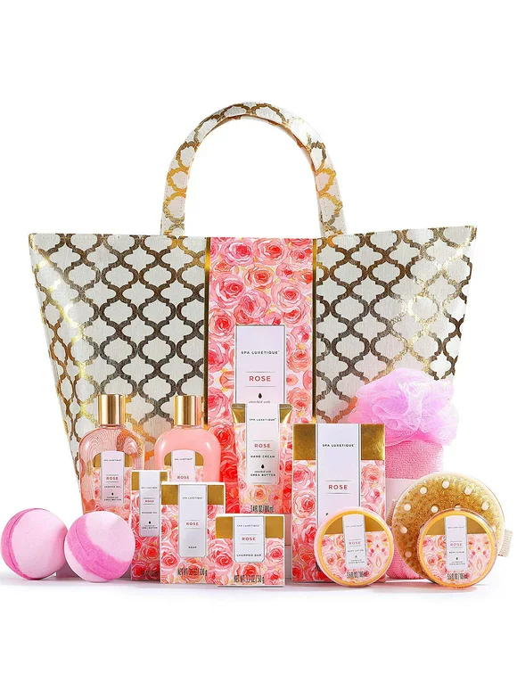 Spa Baskets Gift Sets for Women - 15 Pcs Rose Bath Gift Bag Mothers Day Gifts for Mom, Luxury Relaxing Home Spa Kit