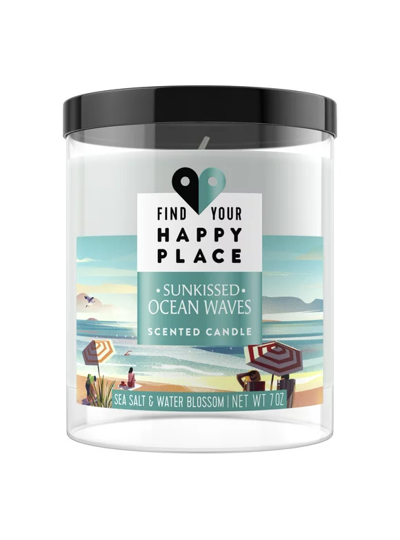 Find Your Happy Place Indoor/Outdoor Ocean Waves Sea Salt and Water Blossom Scented Candle, 3.25" x 3.25" Wax, Black
