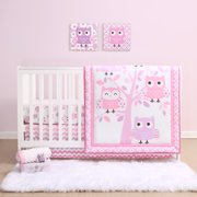 The Peanutshell Crib Bedding Set for Baby Girls, Dancing Owls, 3 Piece Nursery Set, Pink