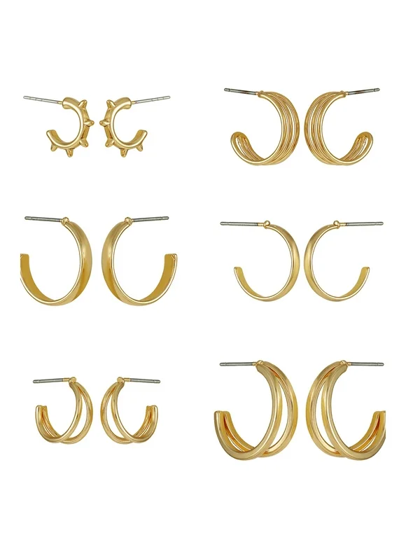 Time and Tru Women's Gold Tone Fashion Dainty 6 Pairs of Metal Hoops.