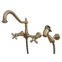 Kingston Brass KS1243AXBS Heritage 8 in. Wall Mount Kitchen Faucet with Brass Sprayer, Antique Brass