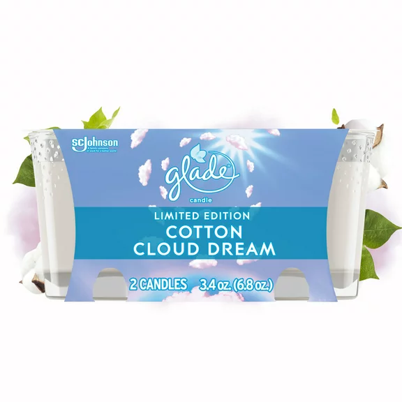 Glade Scented Candle Jar, Cotton Cloud Dream Scent, Infused with Essential Oils, Spring Limited Edition Fragrance, Positive Vibes Collection, 2 Candles, 3.4 Oz, 96 g each