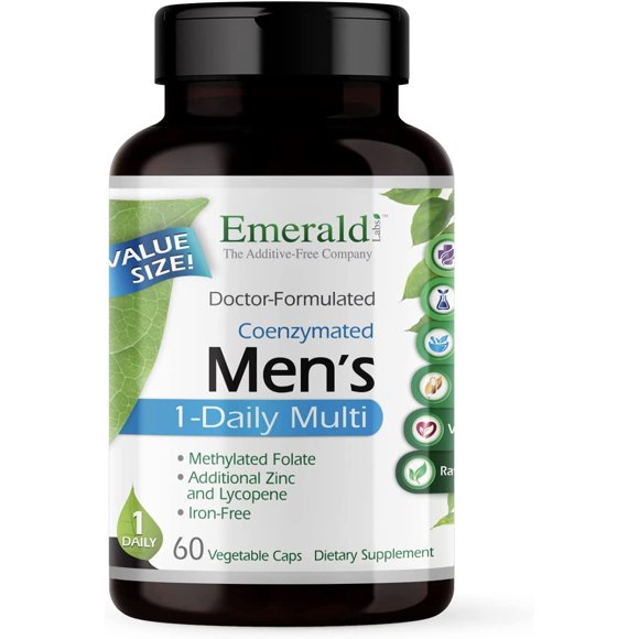 Emerald Labs Men's 1 Daily Multi - Complete with Coenzymated B's, Methylated Folic Acid, Albion Chelated Minerals, Extra Lycopene and Zinc - 60 Vegetable Capsules