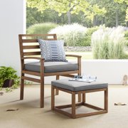Manor Park Acacia Wood Outdoor Patio Chair & Pull Out Ottoman - Brown/Grey