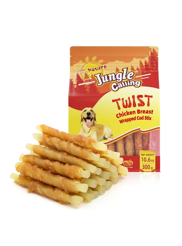 Jungle Calling Rawhide Free Healthy Treats for Dogs, Chicken/Duck Wrapped Cod Sticks Dog Treats, Soft Chewy Treats for Training Rewards, 11 oz (Chicken)