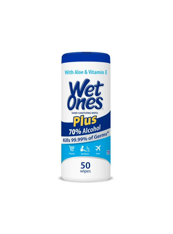 Wet Ones Plus Alcohol Hand Sanitizing Wipes Canister, 50 Ct, Kills 99.99% of Germs, With Aloe & Vitamin E