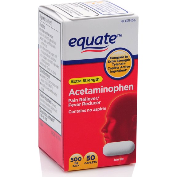 Equate Extra Strength Acetaminophen Caplets, 500 mg, 50 Count