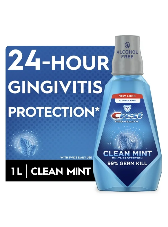 Crest Pro Health Clean Mint Muli-Protection Mouthwash/Mouth Rinse, Clean Mint Flavor - 1 L, Fights Gingivitis & Plaque, Alcohol Free