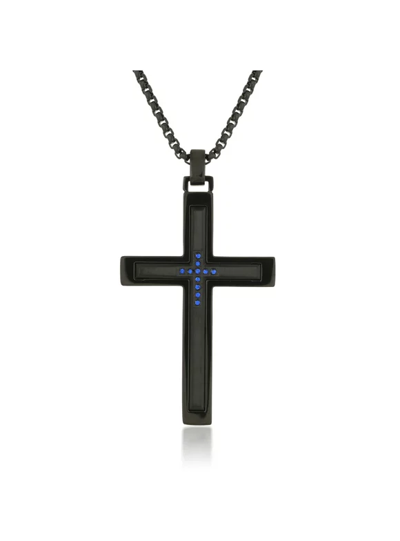 Metro Jewelry 0.06 Carat Blue Diamond Cross Pendant Necklace in Stainless Steel with Black Ion Plating on 24 Inches Long Box Chain