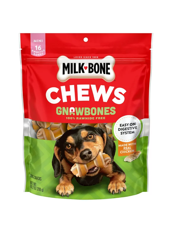 Milk-Bone GnawBones Rawhide Free Dog Chews with Real Chicken, Long-Lasting Mini Dog Treats, Bag of 16