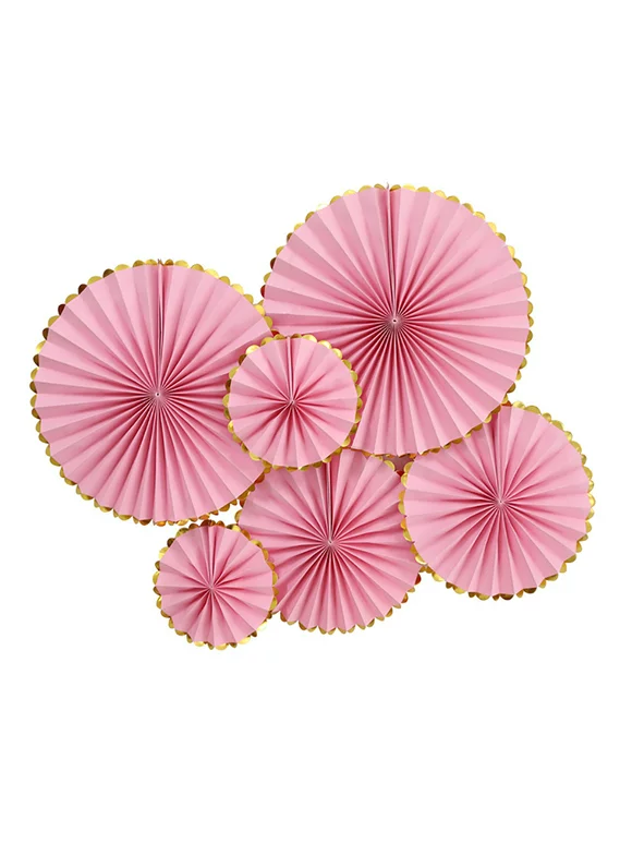 6 PCS Hanging Paper Fan Decorations, Paper Fan Flower for Wedding, Birthday, Grand Event-Pink with Gold Border