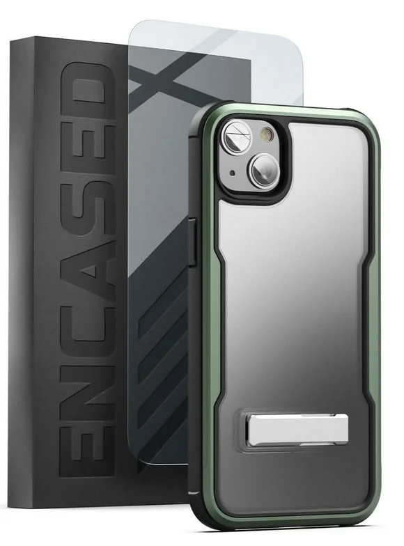 Encased Exos-Armor Case Designed for iPhone 14 with Screen Protector and Metal Kickstand, [MIL-Spec] Ultra Protective Aluminum Frame - Metallic Green