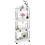 4-Tier Slim Mobile Shelving Unit on Wheels, Slide Out Rolling Bathroom Storage Organizer, Utility Carts Shelf Rack for Kitchen Bathroom Laundry Room Narrow Places, White