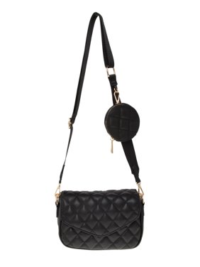 Women's Faux Leather Quilted Rectangular Shoulder Bag with Pouch Attached
