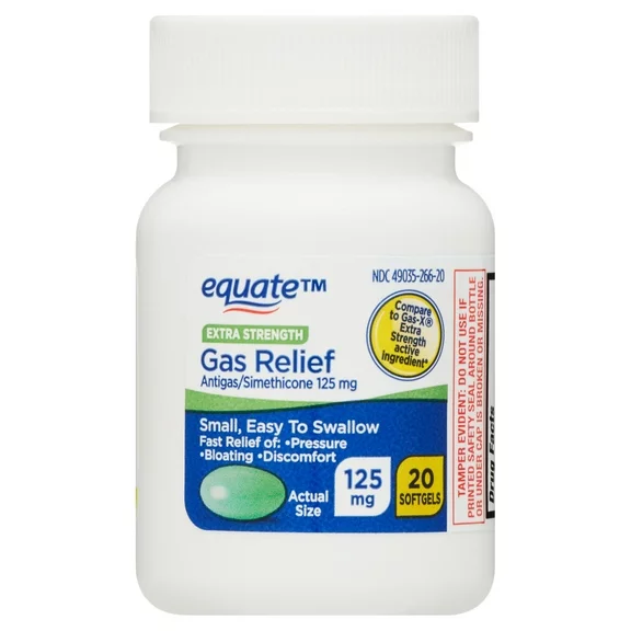 Equate Gas Relief, Simethicone 125 mg, Extra Strength Softgels, 20 Count