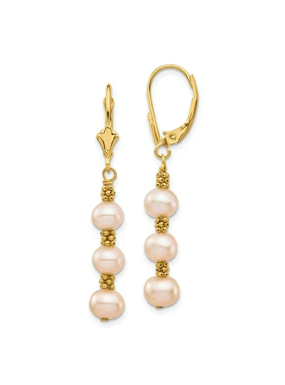 Solid 14k Yellow Gold 5-6mm Pink Semi-round Freshwater Cultured Pearl Leverback Earrings