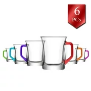 LAV Glass Tea and Coffee Mugs Set of 6, Durable Teacups with Colorful Handles, Espresso Cups, 7.6 oz (225 Cc)