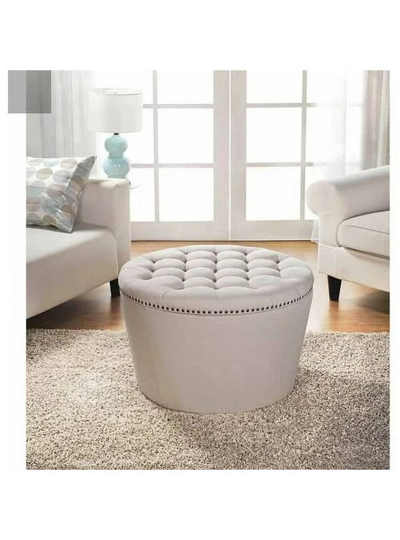 Better Homes & Gardens Round Tufted Storage Ottoman with Nailheads, Cream Faux Linen