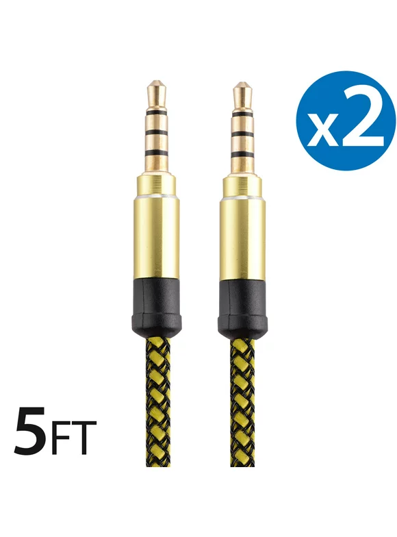 2x 3.5Mm Male To Male Audio Cable by FREEDOMTECH 5FT Universal Auxiliary Cord 3.5mm Male to Male Round Braided Audio Aux Cable w/Aluminum Connector for iPods iPhone iPads Galaxy Home Car Stereos