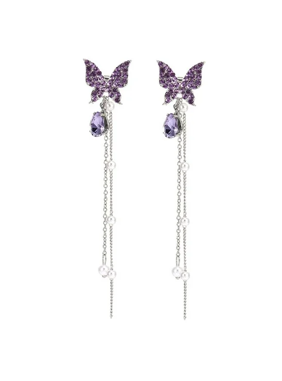 PWFE Shiny Butterfly Rhinestone Drop Earring for Women Girls Long Tassel Dangle Crystal Earings Jewelry Gift(Purple)