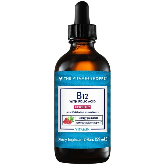 Liquid Vitamin B12 with Folic Acid - Raspberry Flavor, Supports Energy Production, Excellent Source of Folic Acid, One Daily Serving (2 Fl Oz.) by The Vitamin Shoppe