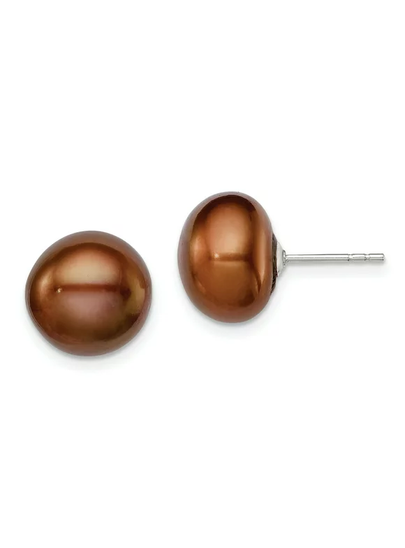 Sterling Silver 11-12mm Brown Freshwater Cultured Button Pearl Stud Earrings