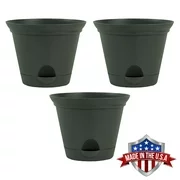 3 Pack 9.5 Inch Flat Gray Plastic Self Watering Flare Flower Pot or Garden Planter