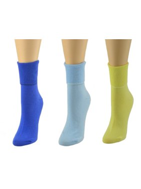 Sierra Socks Women's 3 Pair 100% Cotton Ankle Turn Cuff Seamless Toe (10 (Fits Shoe Size 7 1/2 - 9), A2 (Aqua Blue/Yellow/Marine Blue))