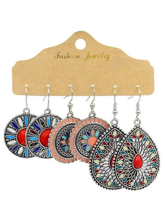 PWFE 3 Pairs Bohemian Vintage Earrings Set Shell Tassel Oversized Round Circle Dangle Drop Earrings For Women Indian Jewelry Party Gift