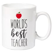 Ceramic Coffee Mug - 16-Ounce Large Novelty Stoneware White Tea Cup - World's Best Teacher with Red Apple - Office, Home, Birthday Gift
