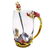 Peroptimist Flower Glass Tea Mug with Spoon, Lead Free Handmade Enamel Rose and Butterfly Clear Glass Coffee Cup with Handle, Unique Christmas Birthday Gift for Women Mom Grandma Female Friend