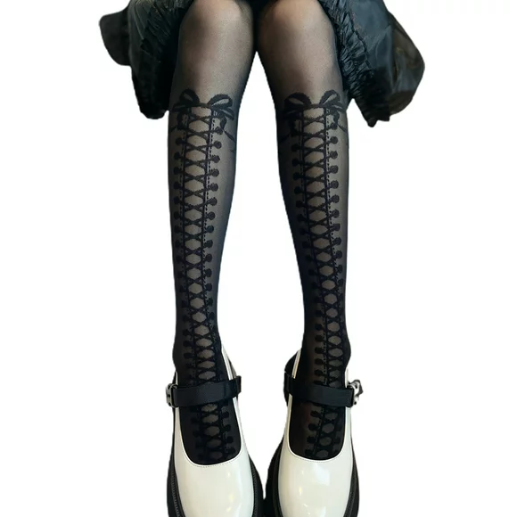 HOTYA Women Anime Thigh High Stockings Lolita Fake Crisscross Bow Patterned Long Socks