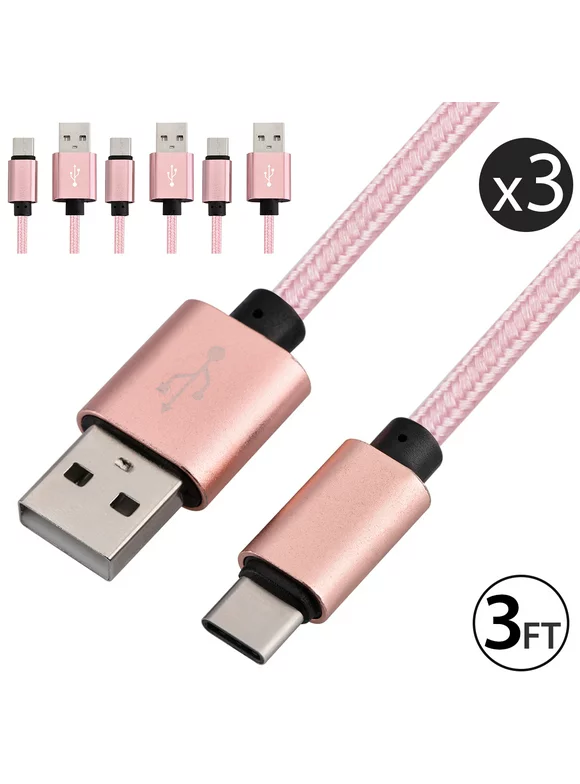 3x 3FT USB Type C Cable Fast Charging Cable USB-C Type-C 3.1 Data Sync Charger Cable Cord For Samsung Galaxy S9 S9+ Galaxy S8 S8 Plus Nexus 5X 6P OnePlus 2 3 LG G5 G6 V20 HTC M10 Google Pixel XL