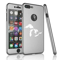 360 Full Body Thin Slim Hard Case Cover + Tempered Glass Screen Protector for Apple iPhone Great Lakes Michigan (Silver, for Apple iPhone 7 Plus / 8 Plus)