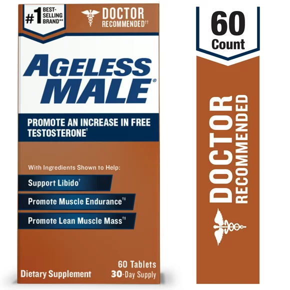 Ageless Male Free Testosterone Booster for Men  Doctor Recommended. Promote Lean Muscle Mass, Muscle Endurance, Libido and Energy. Safe & Effective, No Caffeine, 60 Ct