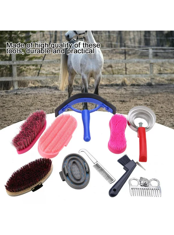 Tebru 10Pcs Horse Grooming Care Kit Equestrain Brush Curry Comb Horse Cleaning Tool Set, Horse Curry Comb, Horse Care Brush