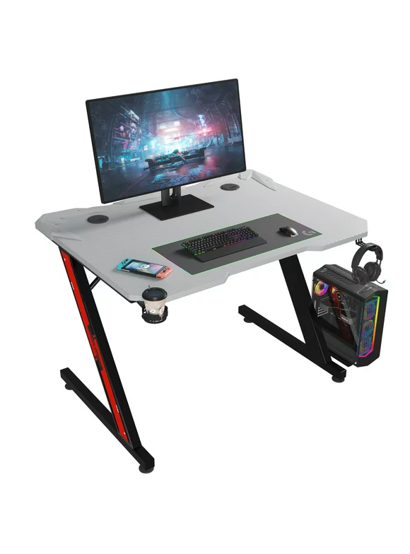Homall 32 Inches Z-Shaped Gaming Desk Carbon Fiber Surface Desk with Cup Holder & Headphone Hook, Gray