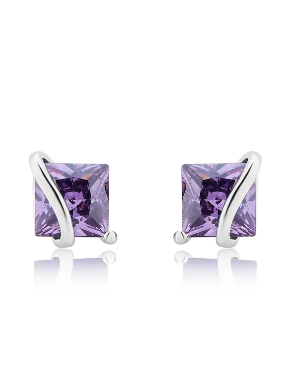 White Gold Finish Created Amethyst Princess Stud Earrings 15MM
