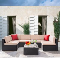 Walnew 7 Pieces Patio Conversation Set Outdoor Sectional Sofa Set PE Rattan Sectional Seating Group with Cushions and Table, Beige