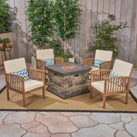 Tucson Outdoor 5 Piece Acacia Wood Chat Set with Cushions and Stone Finished Fire Pit, Brown Patina, Cream, Stone, Brown
