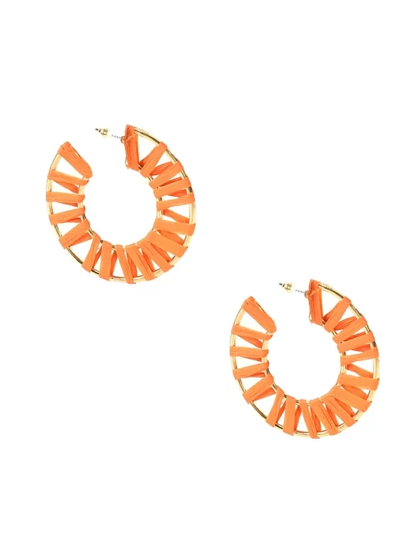 Jewelry Collection Dahlia Raffia Wrapped Hoop Earrings, Orange
