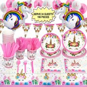 Rainbow Unicorn Birthday Party Supplies (195 Pieces) for 24 Guests, Unicorn Birthday Party Favors Decorations - Unicorn Cups, Plates, Napkins, Cutlery, Table Cover, Balloons and Happy Birthday Banner
