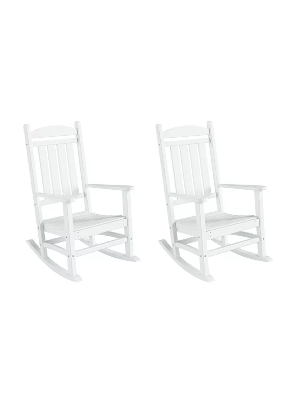 WestinTrends Malibu Outdoor Rocking Chair Set of 2, All Weather Poly Lumber Adirondack Rocker Chair with High Back, 350 Lbs Support Patio White Rocking Chair for Porch Deck Garden Lawn