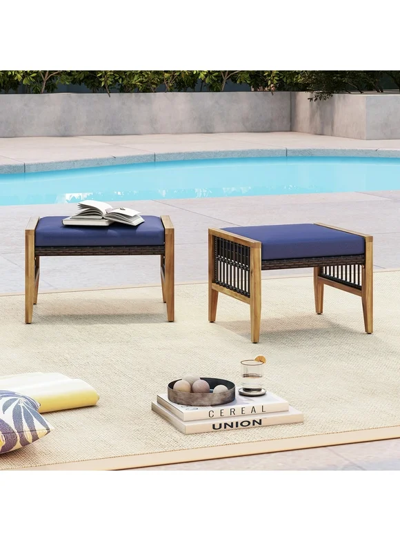 Gymax 2PCS Acacia Wood Outdoor Patio Ottoman Footstool w/ Removable Cushion