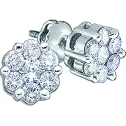 10k White Gold Round Natural Diamond Flower Cluster Womens Screwback Stud Earrings (.14 cttw.)