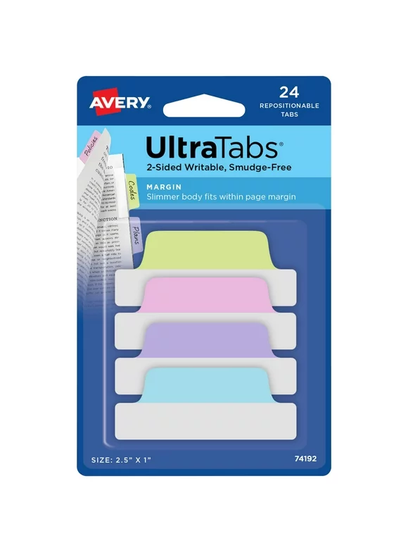 Avery Ultra Tabs, Margin Style, 2.5" x 1", Assorted Pastel Colors, 24 Tabs (74192)