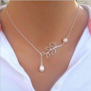 Pearl Droplet Thread Necklace 14K White Gold plated For Woman White Pearl